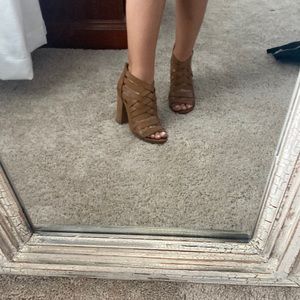 Light brown faux leather criss cross patterned heels
